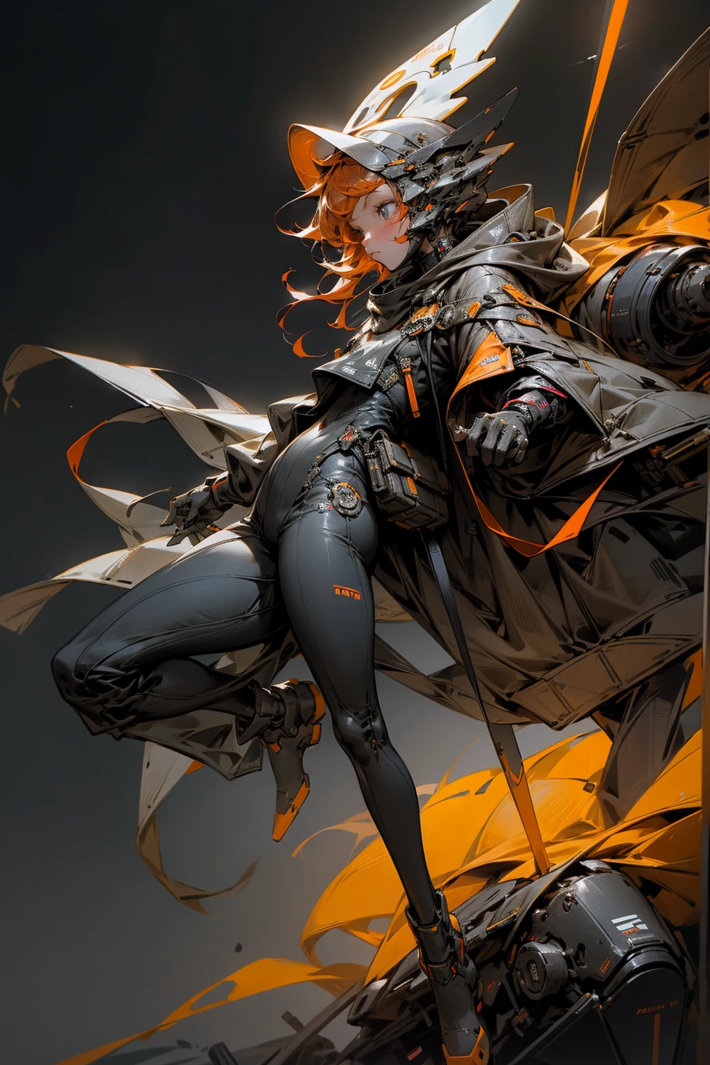 A sci-fi stylized young girl. Multiple-layered raincoat covering a whole body with a "HOPE" text on it. Short orange hair, calm expression. Square bulky visor completely covering the eyes, hood. Cybornetic long legs. Gloved hands. The clothes are black and dark-grey colored. Small crucifix on the chest. 6 small sphere drones with orange neon lights on it floating around separately. Right hand reaching forward. Night Time. Photo realistic.