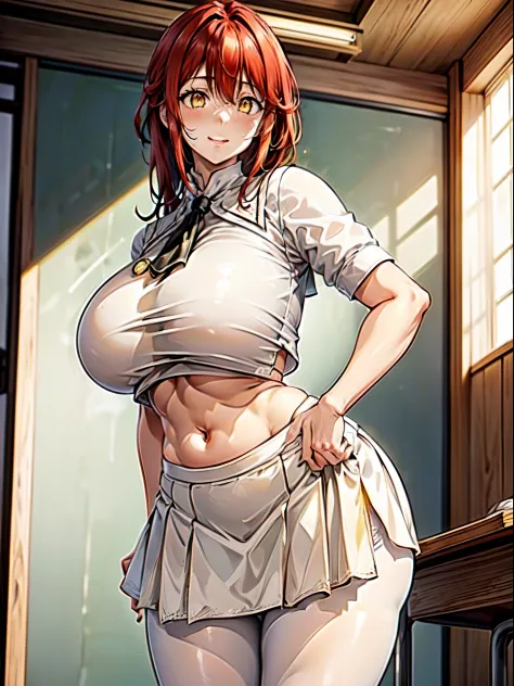 catholic school uniformmasterpiece, best quality, extremely detailed, 1girl, mature female, solo, vesta, (gigantic breasts:1.3), (((red hair, long hair, yellow eyes, slit pupils))), parted lips, (((white serafuku, double-breasted, crop top, white skirt, wh...