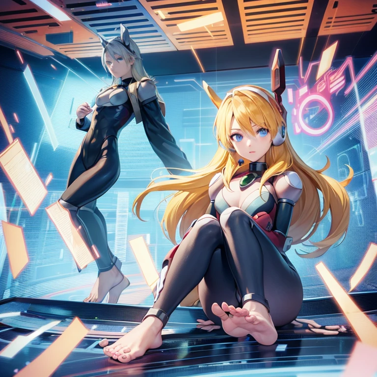 android, blue eyes, blonde hair, long hair, robot ears, (bodysuit), (barefoot), (toes)