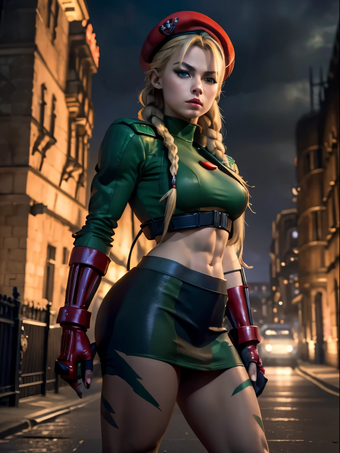 "(exquisitely detailed CG unity 8k wallpaper, masterpiece-quality with stunning realism), (best illumination, best shadow), (best quality), (elegant style:1.2), Arti modern anime. angled view, heroic pose, closeup full body portrait of stunningly beautiful cammy from street fighter, Masterpiece, best quality, highres, mature Cammy white, twin braids, long hair, blonde hair, antenna hair, (red beret headwear:1), blue eyes, scar on cheek, green military leotard, green military skirt, red gloves, fingerless gloves, camouflage, (fully clothed:1), abs, depth of field blur effect, night, full zoom, action portrait, photorealistic. cinematic lighting, highly detailed. best quality, 4k, (Better hand:1), (blonde hair:1) (red nail-polish:1), (red lips:1) (makeup:1) perfect anatomy, leaning forward, foreshortening effects, coy flirty sexy expression, foreshortening effect, (piercing eyes:1), surrounded by an ominous and dark atmosphere, accentuated by dramatic and striking lighting, imbued with a sense of surreal fantasy". (wearing military boots:0.5), (resting in london city MI6 in the morning:1.3) (wearing a British Military jacket:1) (mature:0.5)