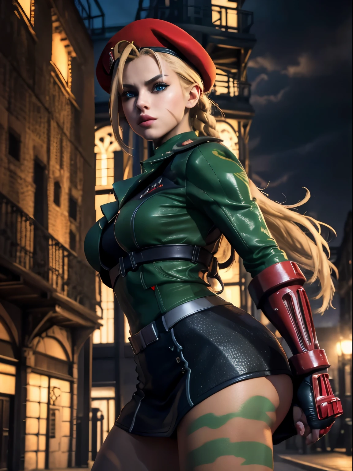 "(exquisitely detailed CG unity 8k wallpaper, masterpiece-quality with stunning realism), (best illumination, best shadow), (best quality), (elegant style:1.2), Arti modern anime. angled view, heroic pose, closeup full body portrait of stunningly beautiful cammy from street fighter, Masterpiece, best quality, highres, mature Cammy white, twin braids, long hair, blonde hair, antenna hair, (red beret headwear:1), blue eyes, scar on cheek, green military leotard, green military skirt, red gloves, fingerless gloves, camouflage, (fully clothed:1), abs, depth of field blur effect, night, full zoom, action portrait, photorealistic. cinematic lighting, highly detailed. best quality, 4k, (Better hand:1), (blonde hair:1) (red nail-polish:1), (red lips:1) (makeup:1) perfect anatomy, leaning forward, foreshortening effects, coy flirty sexy expression, foreshortening effect, (piercing eyes:1), surrounded by an ominous and dark atmosphere, accentuated by dramatic and striking lighting, imbued with a sense of surreal fantasy". (wearing military boots:0.5), (resting in london city MI6 in the morning:1.3) (wearing a British Military jacket:1) (mature:0.5)