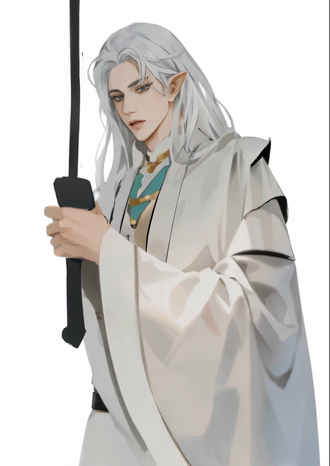 Anime character with white hair holding a sword and a cell phone - SeaArt AI