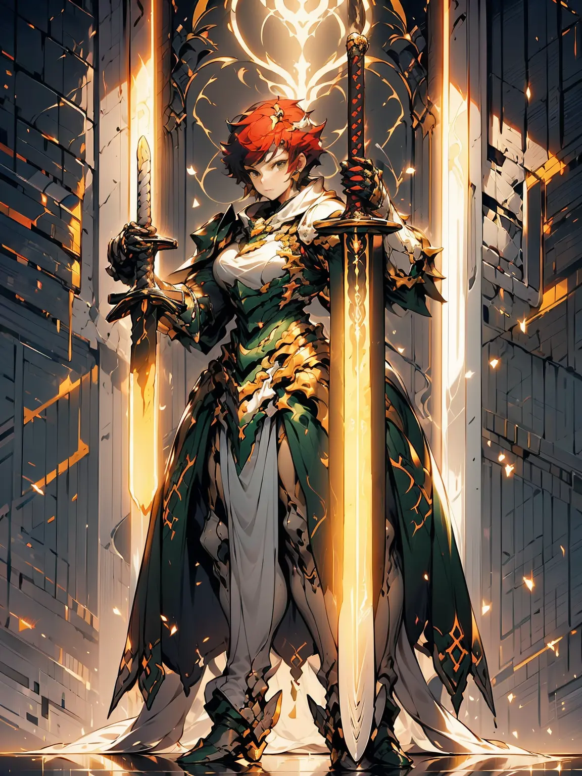 1woman. wild short red hair. green eyes. heavy armor in silver, gold and green. flowing cape. stern expression. soft smile. in a...