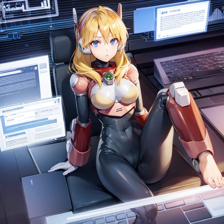 1girl, solo, breasts, blue eyes, blonde hair, android, long hair, robot ears, sitting in chair front of computer, futuristic laboratory, masterpiece, high quality, (bodysuit), (barefoot), (toes)