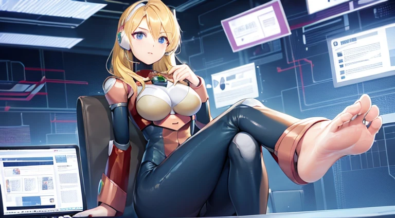 1girl, solo, breasts, blue eyes, blonde hair, android, long hair, robot ears, sitting in chair front of computer, futuristic laboratory, masterpiece, high quality, (bodysuit), (barefoot), (feet and toes)