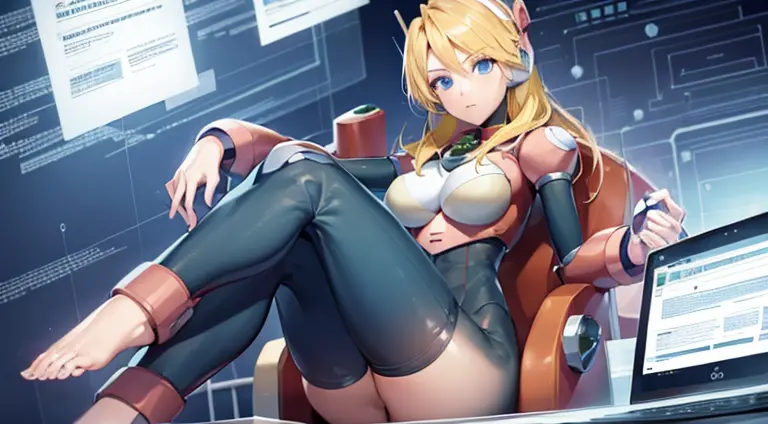 1girl, solo, breasts, blue eyes, blonde hair, android, long hair, robot ears, sitting in chair front of computer, futuristic lab...