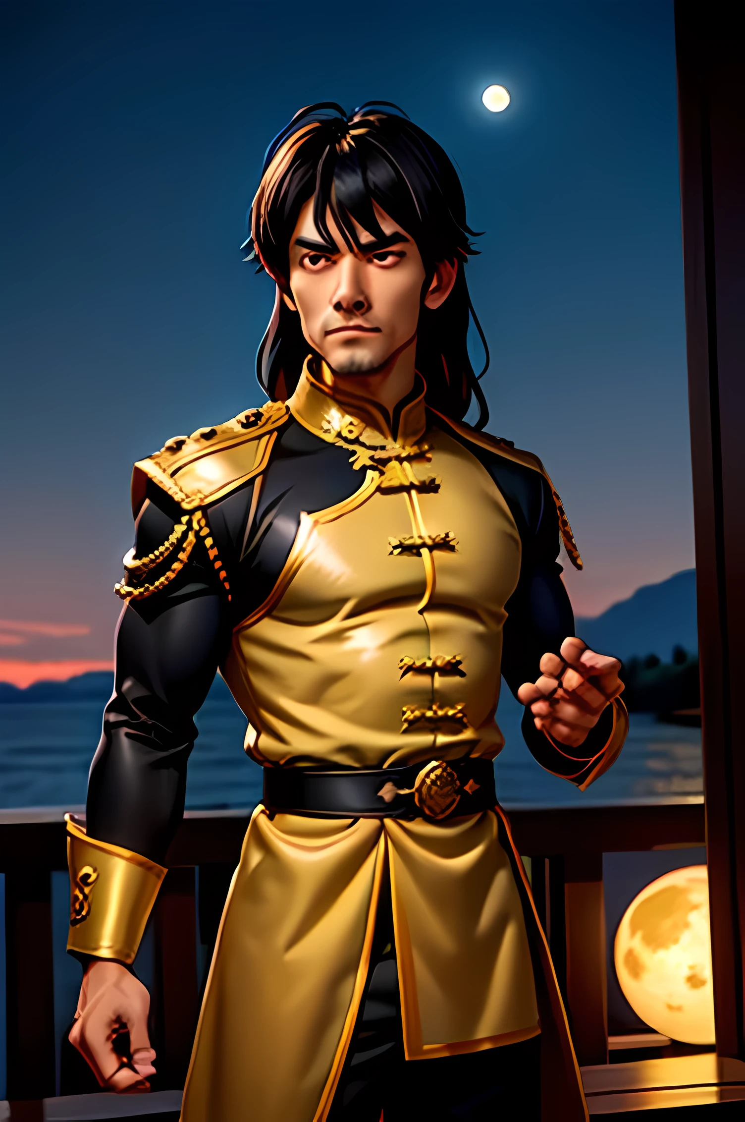 Masterpiece, best quality, outdoor, night, full moon, lakeside, branches, 1 man, mature man, Chinese style, ancient China, black hair, black eyes, forked hair, long hair, long bangs, handsome, handsome, masculine, gentle, tall, calm, black and gold mixed clothing, gold pattern, dragon pattern, prince,