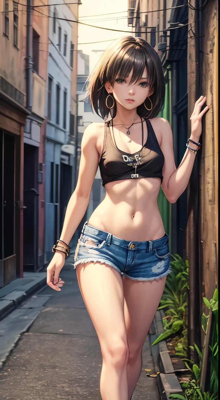 realistic photo, best possible quality, night, street with alley and graffiti on the walls, young woman, 20 years old, brunette with brown eyes, large hoop earrings, very short silver hair, perfect body, well-defined hips, nude naked small breasts, she only wears open denim shorts that show the black panties, sensual and mischievous look, makeup