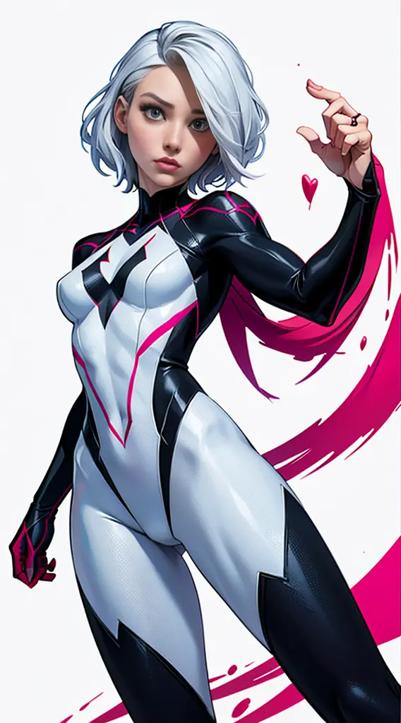 spider gwen, hot, partial , hightquality, dynamic poses, beautiful, gorgeous, in love,short suit, spider in a suit, white black ...