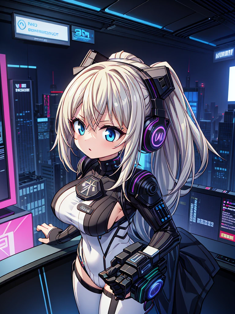 4k,haute résolution,Une femme,cheveux blonds blancs,queue de cheval,casque de musique,Colossal ,artiste ninja,Cybercombinaison blanche,Arme de poing cyberpunk,ville souterraine