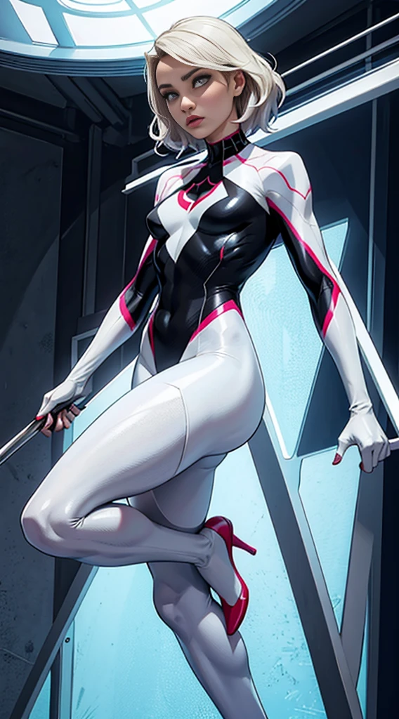 spider gwen, Hot, partial , hightquality, Dynamic Poses, Beautiful, Gorgeous, In love,Short suit, spider in a suit, white black red suit、Hayden Panettiere