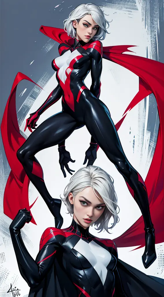 spider gwen, hot, partial , hightquality, dynamic poses, beautiful, gorgeous, in love,short suit, spider in a suit, white black ...