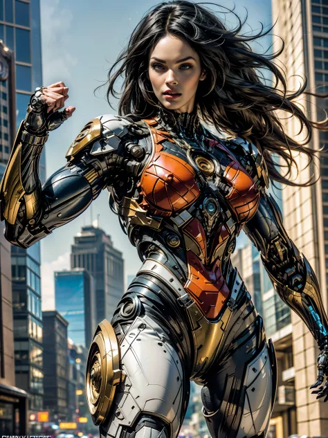(megan fox), Cinematic, hyper-detailed, and insanely detailed, this artwork captures the essence of a muscular cyborg girl. Beautiful color grading, enhancing the overall cinematic feel. Unreal Engine brings her anatomic cybernetic muscle suit to life, app...