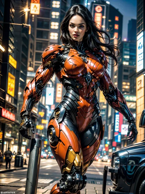 (megan fox), cinematic, hyper-detailed, and insanely detailed, this artwork captures the essence of a muscular cyborg girl. beau...