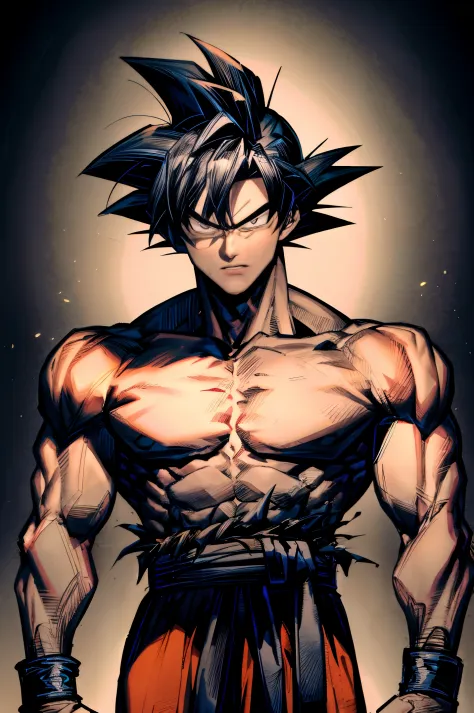 son goku, 1boy, closed mouth, male focus, muscular, muscular male, rock, sash, serious, solo, spiked hair, topless male, torn cl...