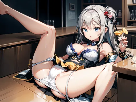 ultra detailed game CG, (High resolution:1.1),(absurderes:1.1), Best Quality, Ultra high definition, The highest resolution, Very detailed, Anime, 1girl in, Cornelian cherry, Silver hair, Mini skirt, frilld, (Lying down:1.1), legs up, spread legs, (White p...