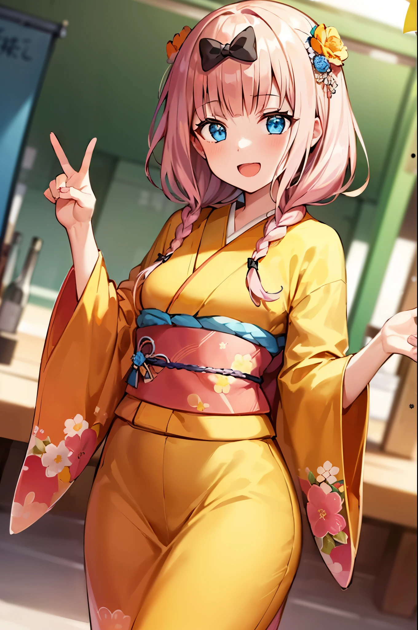 Chica anime vestida de kimono con el signo de la paz en la mano - SeaArt AI