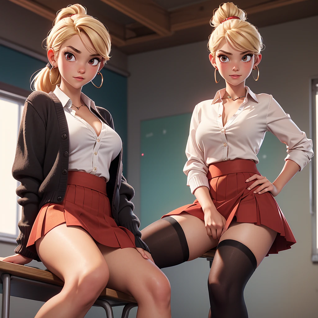 1 teenager，right hand on hip，Put your left hand on your knee，Short red skirt，cardigan，White shirt，Black lace bra，Red skirt，Spread your legs，Leaning forward， mini sence，Black thong，Black tights，high brown boots，Empty school classroom，hair up，blond，gold earrings on ears