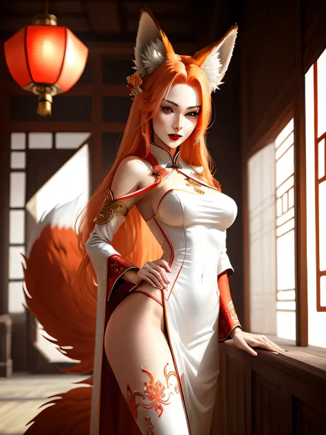 (masterpiece:1.3), 1 fox-girl, 3tails, in a richly decorated office, ancient china, long pale orange straight hair, slutty white suit, white cape, red detailing, small fox ears:1.2, UHD, 4k, micro details, intricate, details, realistic, HDR, striking featu...