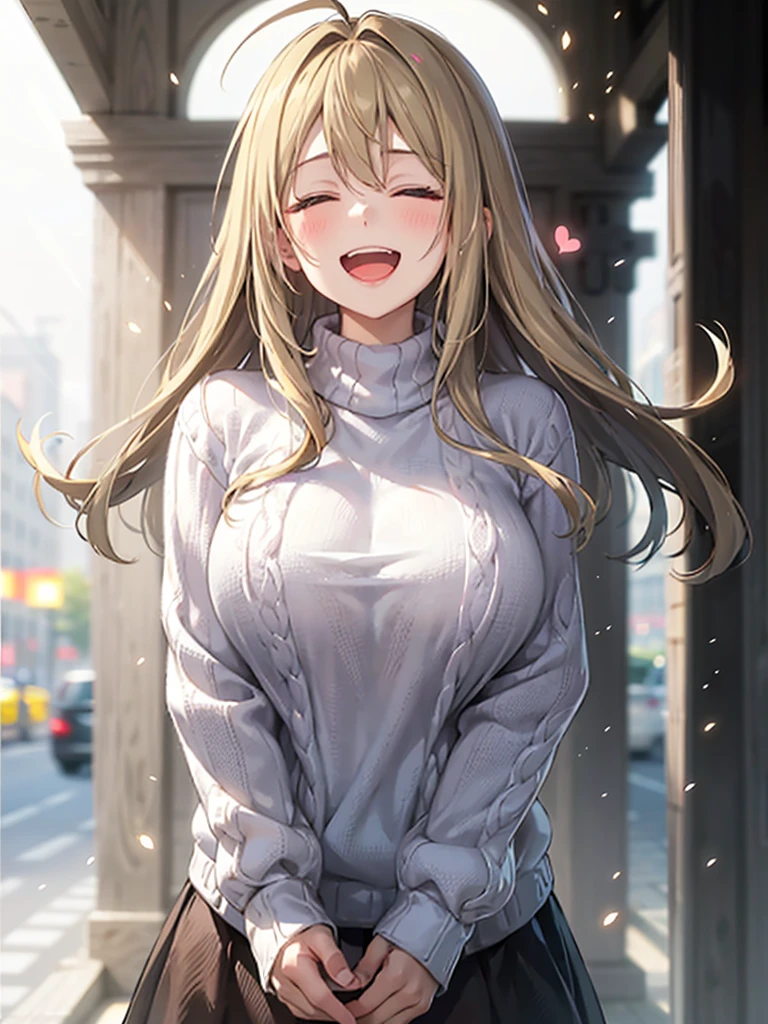 girl with、cosy sweater on、The upper part of the body、(Huge laughter:1.1)、(Opening Mouth:1.1)、(widely opened eyes:1.2)、Sun glare、bokeh dof、Depth of Field Background、Particles of light、heavy wind、(Heart particles:1.1)、Priestess costume、a blond