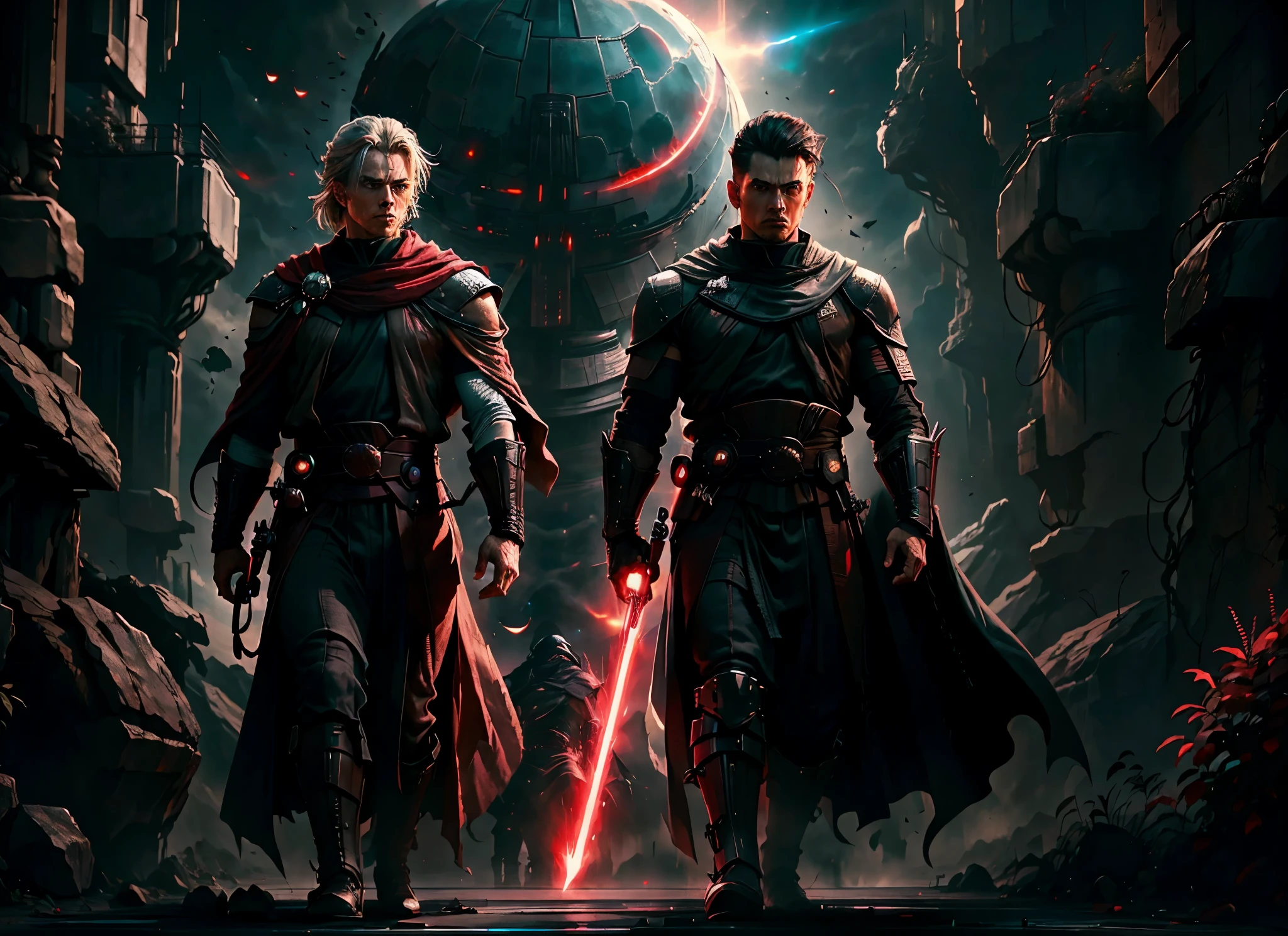 2 fierce young Jedi warriors, men, sith dark robes, red light sabers, ready for war, space opera, massive space ships, traces of the force around the men