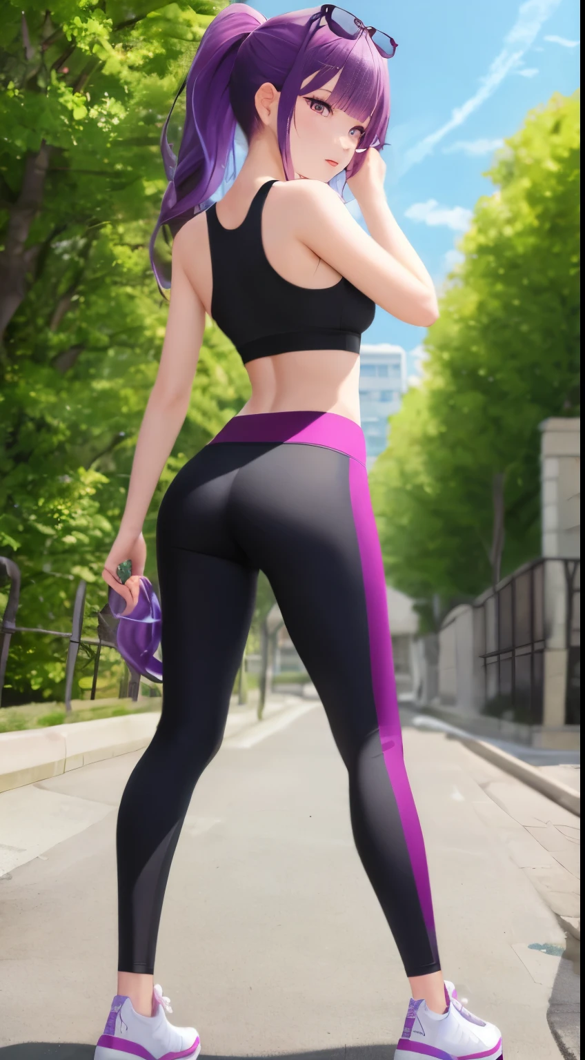 A woman in a black top and purple pants is standing on a street - SeaArt AI