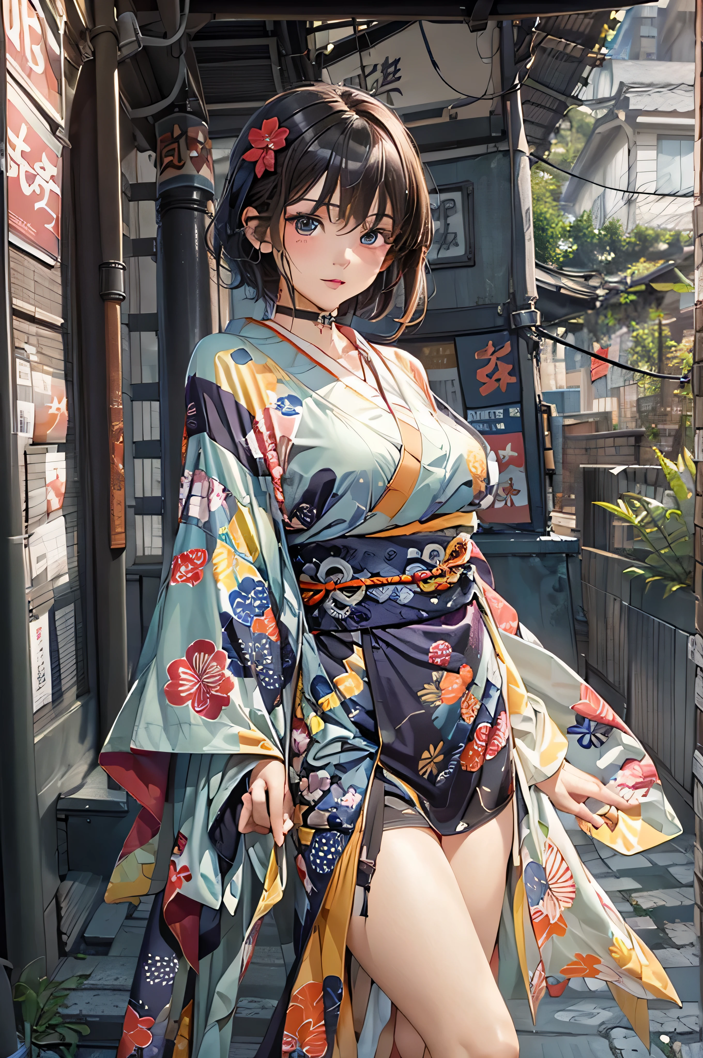 (top-quality,8K picture quality,​masterpiece:1.3,hight resolution,masutepiece:1.2), Front view:0.8,full body Esbian:1.2, Looking at Viewer, 23-year-old woman, Looking at the camera,(Japanese dress, Kimono:1.4,Komono:1.2, a choker:1.4),(Shorthair:1.2,A dark-haired,Beautiful hair), (Back alley:1.3), Kimono comes off,thigh visible,I can see panties,Beautiful face,Cinematic,(Young gravure idols, Young skinny gravure idol, sophisticated gravure idol),(detailed flawless face),normal hands:1.5,Normal finger:1:5,Normal legs:1.5