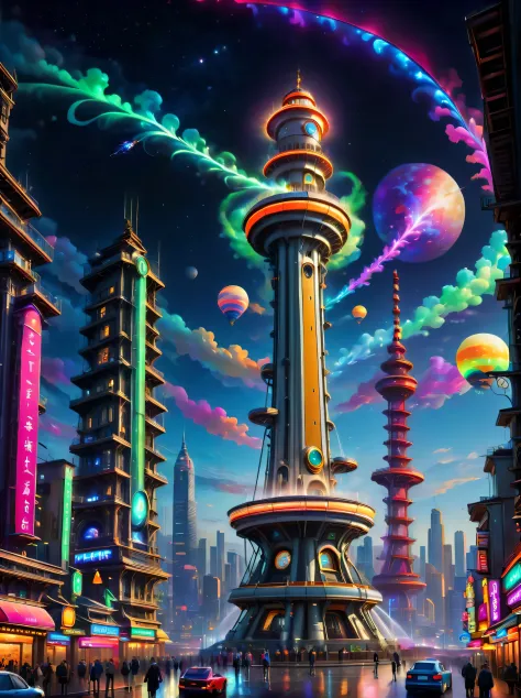 In the distant future，In a mechanical city illuminated by technology and neon lights，A huge neon lighthouse stands，The backgroun...