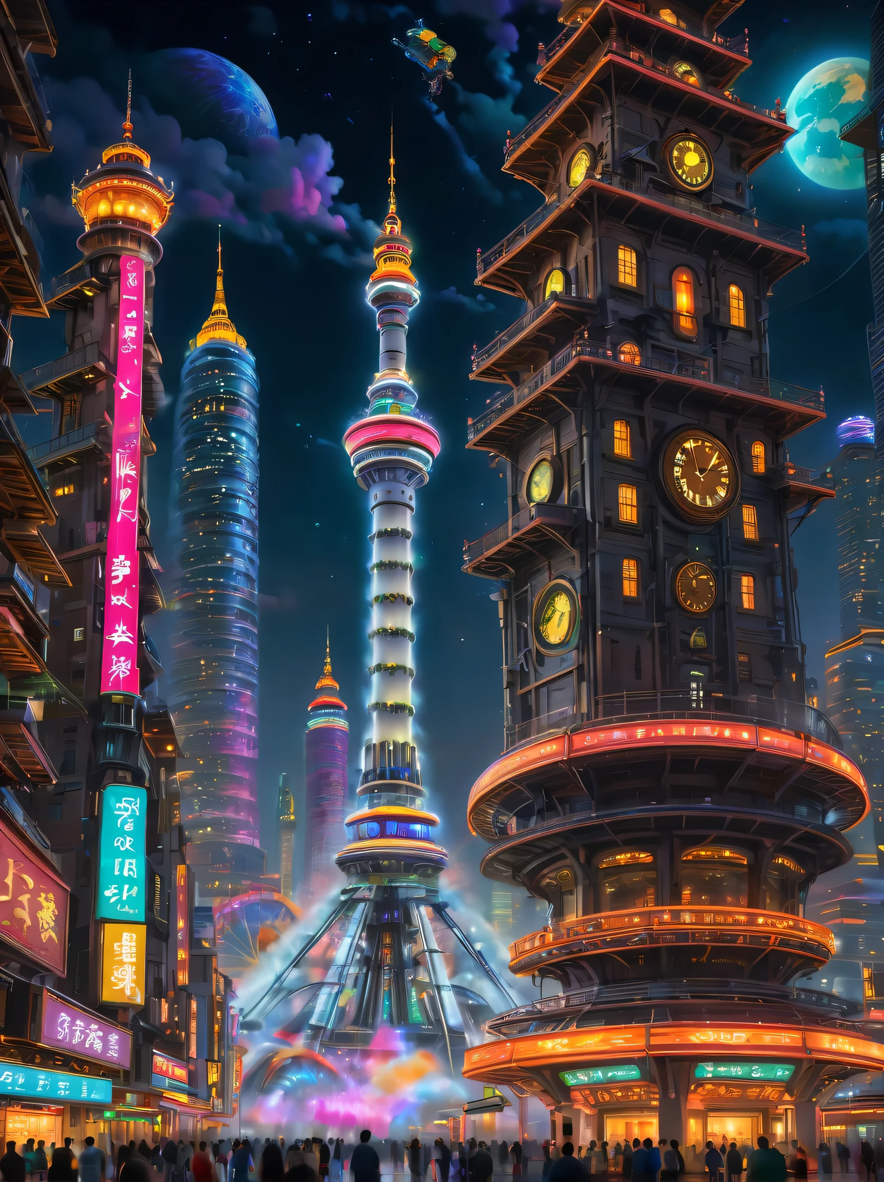 In the distant future，In a mechanical city illuminated by technology and neon lights，A huge neon lighthouse stands，The background of this painting is a night view of the city，Dotted with brilliant stars and swirling nebulae。Machine City night view。Soaring skyscrapers，Neon lights flash with colorful light，Flying cars shuttle through the sky，Robots and humans live in harmony。In the heart of the city，A huge mechanical tower stands，There is a huge clock on the top of the tower，The hour and minute hands keep turning。There are various gears and mechanisms surrounding the clock，They run constantly and make a slight clicking sound。Below the mechanical tower，It's a huge one，Many people gathered in。some people are shopping，some people are eating，Some people are chatting，others are dancing。中心有一个巨大的The fountain，The fountain&#39;s water column continues to flow out，Shimmering under the lights。