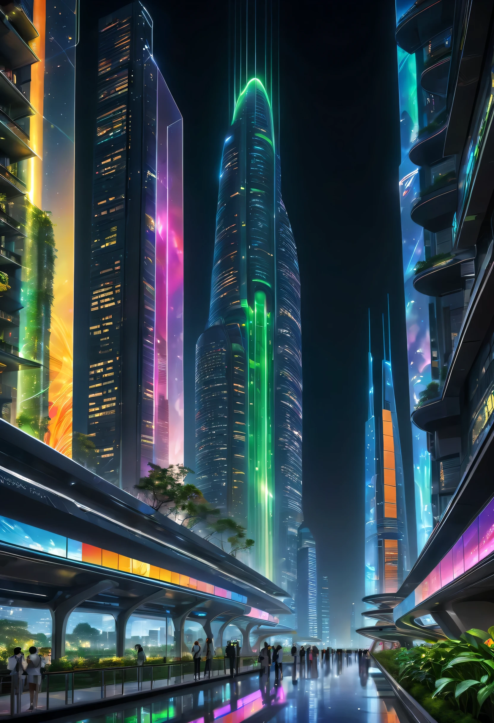 In this image of a futuristic city at night，We were taken into a city full of technology and innovation。Tall skyscrapers glowing with neon lights in the night sky，Form a series of colored lines。The exterior walls of these buildings are covered with reflective materials，Reflect surrounding light，Create a futuristic atmosphere。

On the streets of the city，Driverless cars and planes flying by，They leave colorful traces in the night sky。The vehicles are made of smooth metal and transparent materials，It gives a sense of technology and the future。People wear fashionable clothes，Wear smart glasses and bracelets，Integration with technology。

The center of the city is a huge，There is a huge water screen projection on it，Displays a variety of gorgeous images and animations。People watch the water screen projection，Enjoy a unique interactive experience with artwork and technology demonstrations。Surrounded by green belt，Planting the plants of the future，These plants emit faint fluorescence，Add a touch of vitality and natural flavor to the city。

in the distance of the picture，We can see a huge spaceport，The spaceship is taking off，Manned travel to unknown areas of the universe。The spaceport’s architectural design is unique，Full of curves and streamlined elements，It gives a sense of future technology。

The whole picture is full of a sense of technology and the future，Showing a future city full of innovation and imagination。The painting is rich in detail，Vibrant colors full of imagination and creativity，It makes people feel like they are in a future world full of technological miracles。