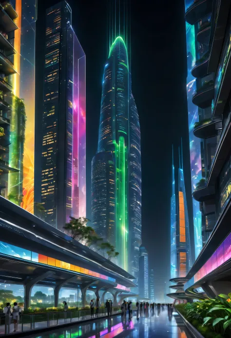 In this image of a futuristic city at night，We were taken into a city full of technology and innovation。Tall skyscrapers glowing...