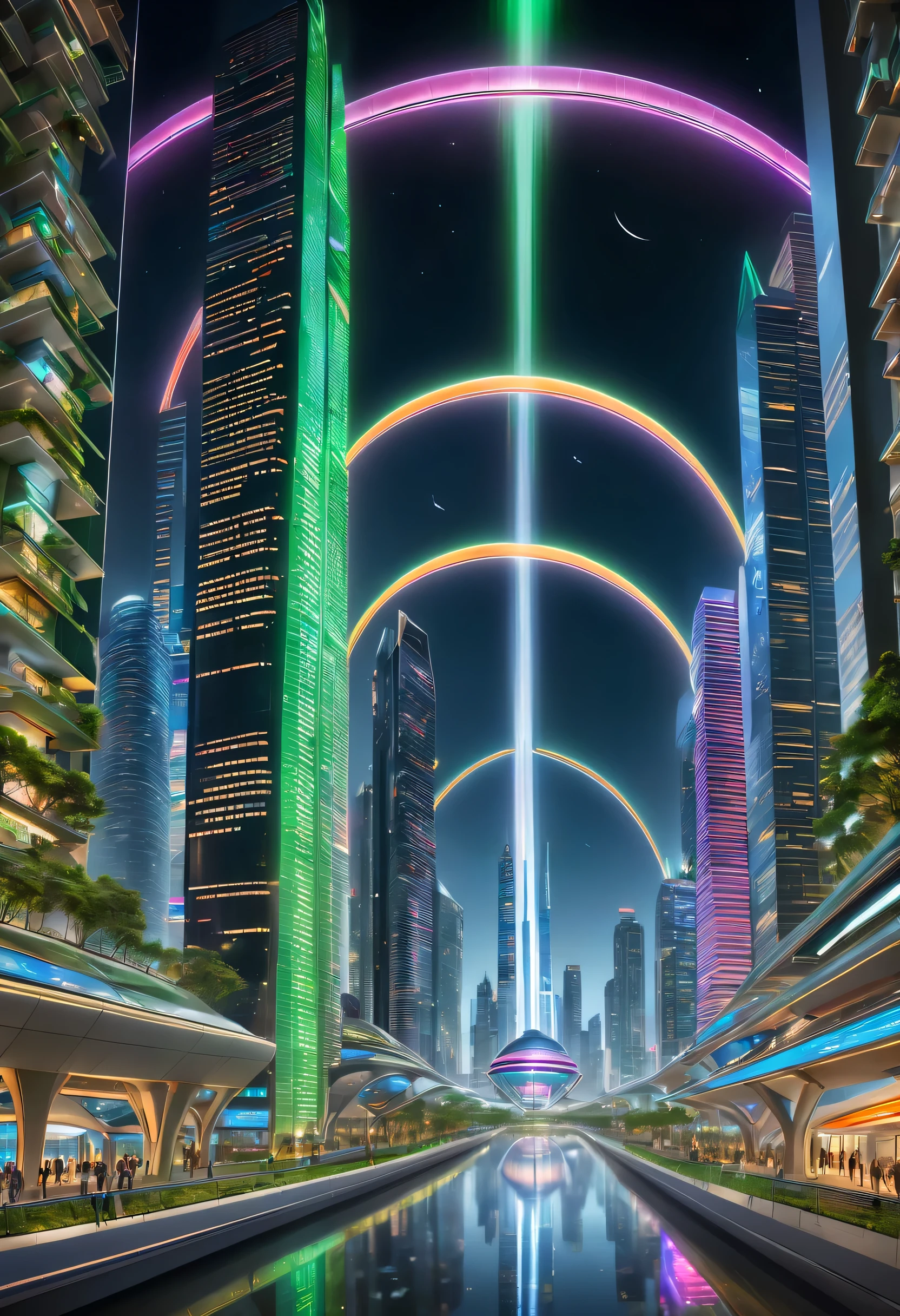 In this image of a futuristic city at night，We were taken into a city full of technology and innovation。Tall skyscrapers glowing with neon lights in the night sky，Form a series of colored lines。The exterior walls of these buildings are covered with reflective materials，Reflect surrounding light，Create a futuristic atmosphere。

On the streets of the city，Driverless cars and planes flying by，They leave colorful traces in the night sky。The vehicles are made of smooth metal and transparent materials，It gives a sense of technology and the future。People wear fashionable clothes，Wear smart glasses and bracelets，Integration with technology。

The center of the city is a huge，There is a huge water screen projection on it，Displays a variety of gorgeous images and animations。People watch the water screen projection，Enjoy a unique interactive experience with artwork and technology demonstrations。Surrounded by green belt，Planting the plants of the future，These plants emit faint fluorescence，Add a touch of vitality and natural flavor to the city。

in the distance of the picture，We can see a huge spaceport，The spaceship is taking off，Manned travel to unknown areas of the universe。The spaceport’s architectural design is unique，Full of curves and streamlined elements，It gives a sense of future technology。

The whole picture is full of a sense of technology and the future，Showing a future city full of innovation and imagination。The painting is rich in detail，Vibrant colors full of imagination and creativity，It makes people feel like they are in a future world full of technological miracles。