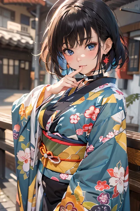 (top-quality,8K picture quality,​masterpiece:1.3,hight resolution,masutepiece:1.2), Front view:0.8,full body Esbian:1.2, Looking at Viewer, 23-year-old woman, Looking at the camera,(Japanese dress, Kimono:1.4,Komono:1.2, a choker:1.4),(Shorthair:1.2,well-g...