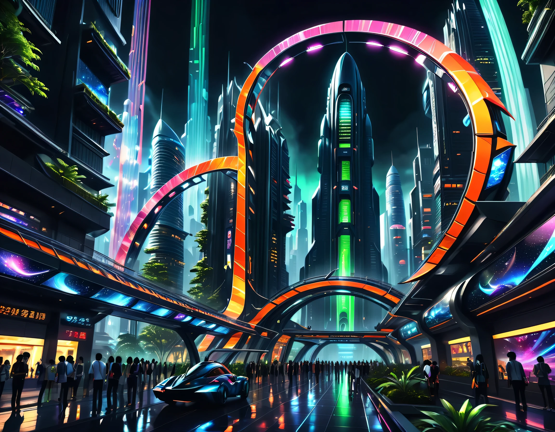 In this image of a futuristic city at night，We were taken into a city full of technology and innovation。Tall skyscrapers glowing with neon lights in the night sky，Form a series of colored lines。The exterior walls of these buildings are covered with reflective materials，Reflect surrounding light，Create a futuristic atmosphere。 On the streets of the city，Driverless cars and planes flying by，They leave colorful traces in the night sky。The vehicles are made of smooth metal and transparent materials，It gives a sense of technology and the future。People wear fashionable clothes，Wear smart glasses and bracelets，Integration with technology。 The center of the city is a huge，There is a huge water screen projection on it，Displays a variety of gorgeous images and animations。People watch the water screen projection，Enjoy a unique interactive experience with artwork and technology demonstrations。Surrounded by green belt，Planting the plants of the future，These plants emit faint fluorescence，Add a touch of vitality and natural flavor to the city。 in the distance of the picture，We can see a huge spaceport，The spaceship is taking off，Manned travel to unknown areas of the universe。The spaceport’s architectural design is unique，Full of curves and streamlined elements，It gives a sense of future technology。 The whole picture is full of a sense of technology and the future，Showing a future city full of innovation and imagination。The painting is rich in detail，Vibrant colors full of imagination and creativity，It makes people feel like they are in a future world full of technological miracles。