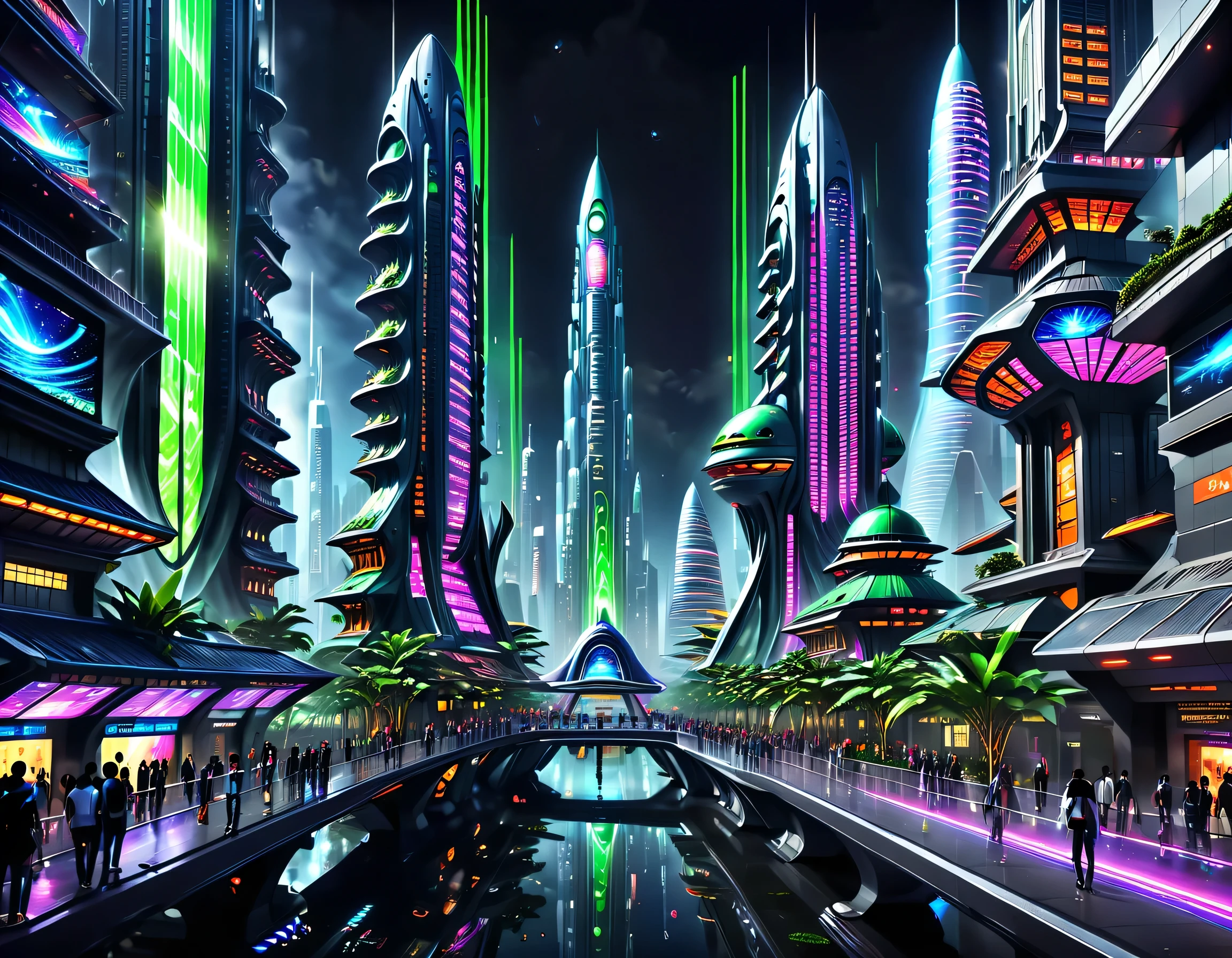 夜の未来都市を描いたこの画像では，私たちはテクノロジーとイノベーションに満ちた街に連れて行かれました。夜空にネオンライトで輝く高層ビル，一連の色付きの線を形成する。これらの建物の外壁は反射材で覆われている，周囲の光を反射する，未来的な雰囲気を演出。 街の路上で，自動運転車や飛行機が飛び交う，夜空に色とりどりの痕跡を残す。車両は滑らかな金属と透明な素材で作られています，テクノロジーと未来を感じさせる。人々は流行の服を着る，スマートグラスやブレスレットを着用する，テクノロジーとの統合。 街の中心部は巨大な，巨大なウォータースクリーンが投影されている，さまざまな美しい画像やアニメーションを表示します。ウォータースクリーンの投影を見る人々，アートワークやテクノロジーのデモンストレーションによるユニークなインタラクティブ体験をお楽しみください。緑に囲まれた，未来の植物を植える，これらの植物はかすかな蛍光を発する，街に活気と自然の風味をプラス。 写真の遠くに，巨大な宇宙港が見えます，宇宙船が離陸する，宇宙の未知の領域への有人旅行。宇宙港の建築デザインはユニークである，曲線と流線型の要素が満載，未来の技術を感じさせる。 全体像はテクノロジーと未来感に満ちている，革新と想像力に満ちた未来都市を見せる。絵は細部まで豊かです，想像力と創造力に満ちた鮮やかな色彩，人々は、テクノロジーの奇跡に満ちた未来の世界にいるような気分になる。