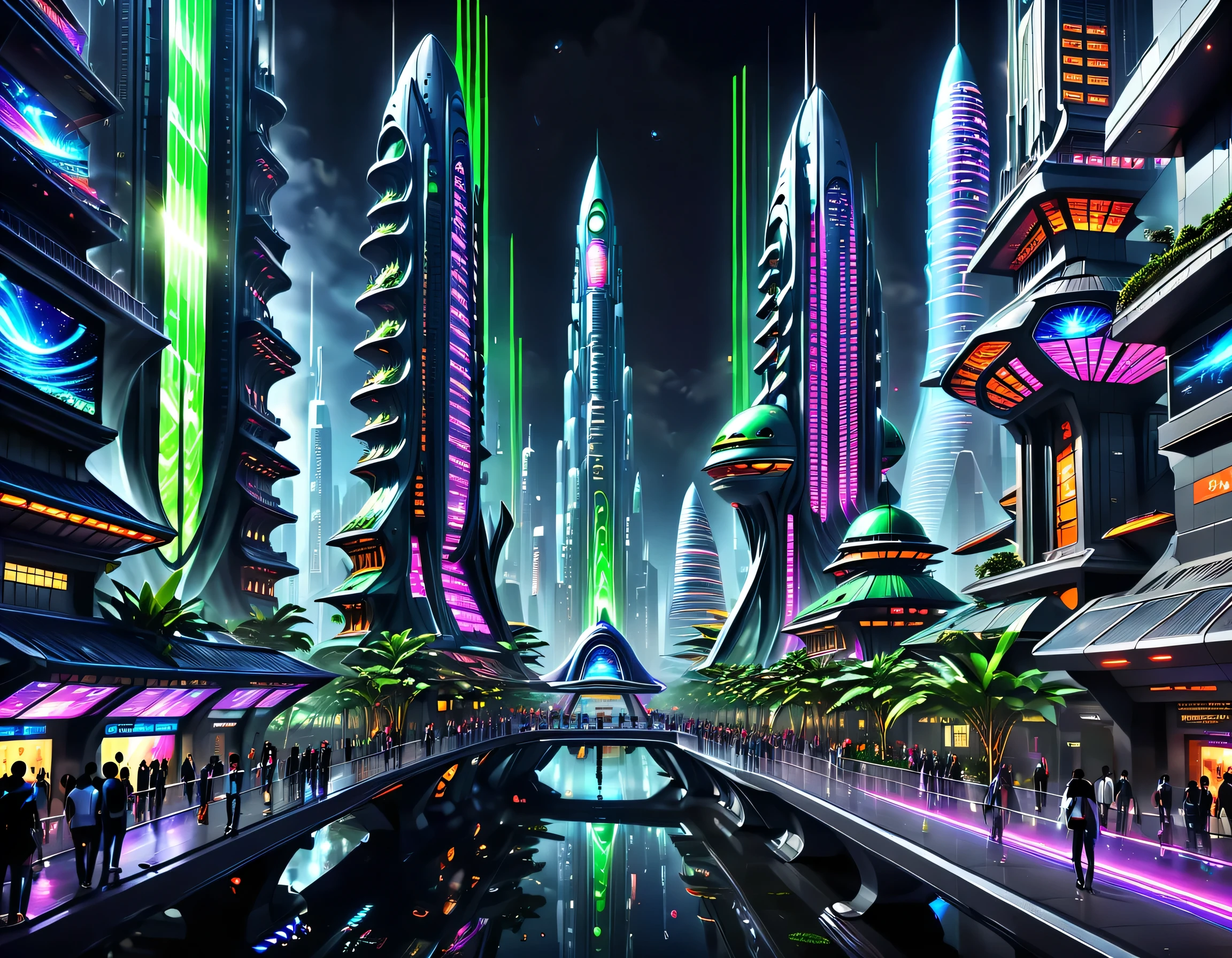 Nesta imagem de uma cidade futurista à noite，Fomos levados para uma cidade cheia de tecnologia e inovação。Arranha-céus altos brilhando com luzes de néon no céu noturno，Forme uma série de linhas coloridas。As paredes exteriores destes edifícios são revestidas com materiais reflexivos，Refletir a luz circundante，Crie uma atmosfera futurista。 nas ruas da cidade，Carros e aviões sem motorista voando，Eles deixam rastros coloridos no céu noturno。Os veículos são feitos de metal liso e materiais transparentes，Dá uma sensação de tecnologia e do futuro。As pessoas usam roupas da moda，Use óculos e pulseiras inteligentes，Integração com tecnologia。 O centro da cidade é um enorme，Há uma enorme projeção de tela de água nele，Exibe uma variedade de lindas imagens e animações。As pessoas assistem à projeção da tela de água，Desfrute de uma experiência interativa única com demonstrações de arte e tecnologia。Cercado por um cinturão verde，Plantando as plantas do futuro，Essas plantas emitem fluorescência fraca，Adicione um toque de vitalidade e sabor natural à cidade。 ao longe da imagem，Podemos ver um enorme espaçoporto，A nave espacial está decolando，Viagem tripulada para áreas desconhecidas do universo。O projeto arquitetônico do espaçoporto é único，Cheio de curvas e elementos simplificados，Dá uma ideia da tecnologia futura。 A imagem toda está repleta de uma sensação de tecnologia e do futuro，Mostrando uma cidade futura cheia de inovação e imaginação。A pintura é rica em detalhes，Cores vibrantes cheias de imaginação e criatividade，Faz as pessoas sentirem que estão em um mundo futuro cheio de milagres tecnológicos。