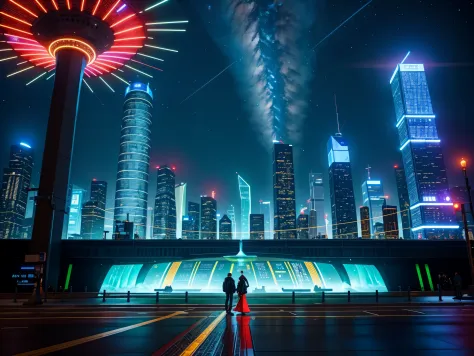 in this futuristic image of a city at night，we were taken into a city full of technology and innovation。tall skyscrapers glow wi...