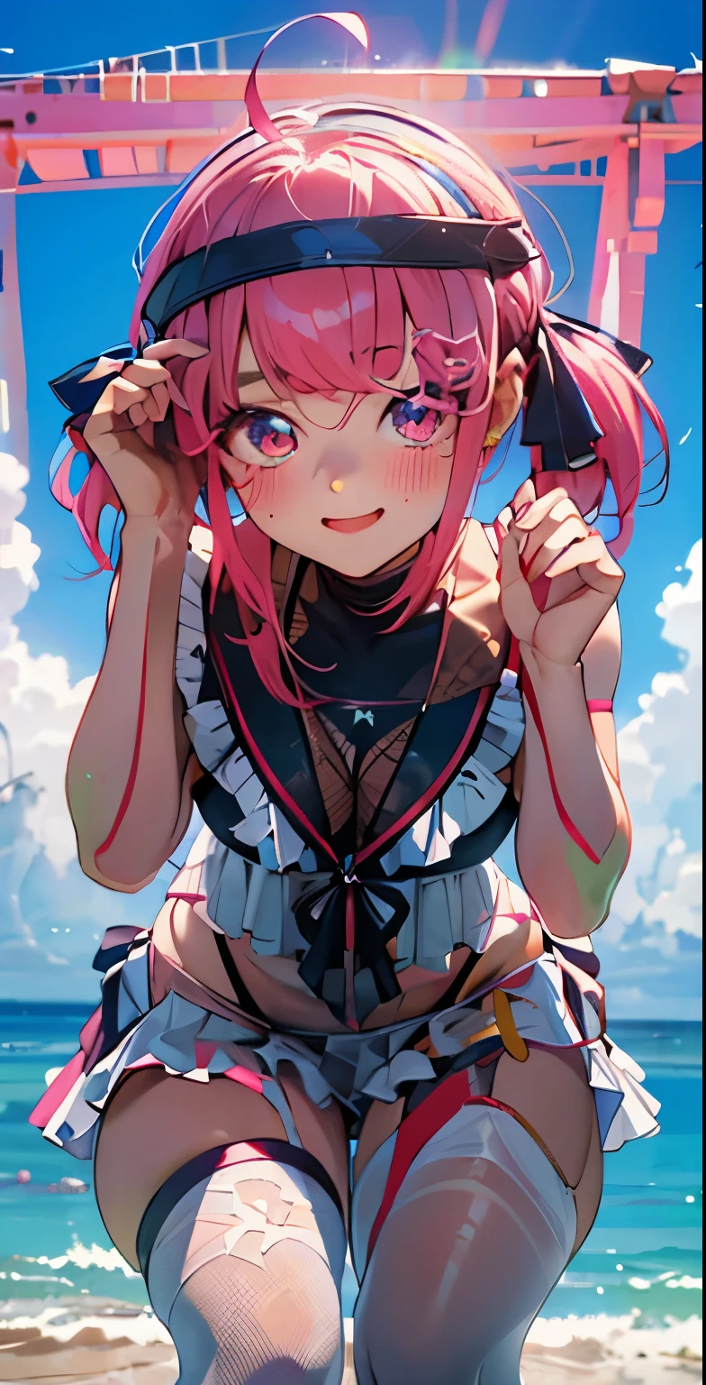 Anime girl with pink hair and headphones sitting on the beach - SeaArt AI