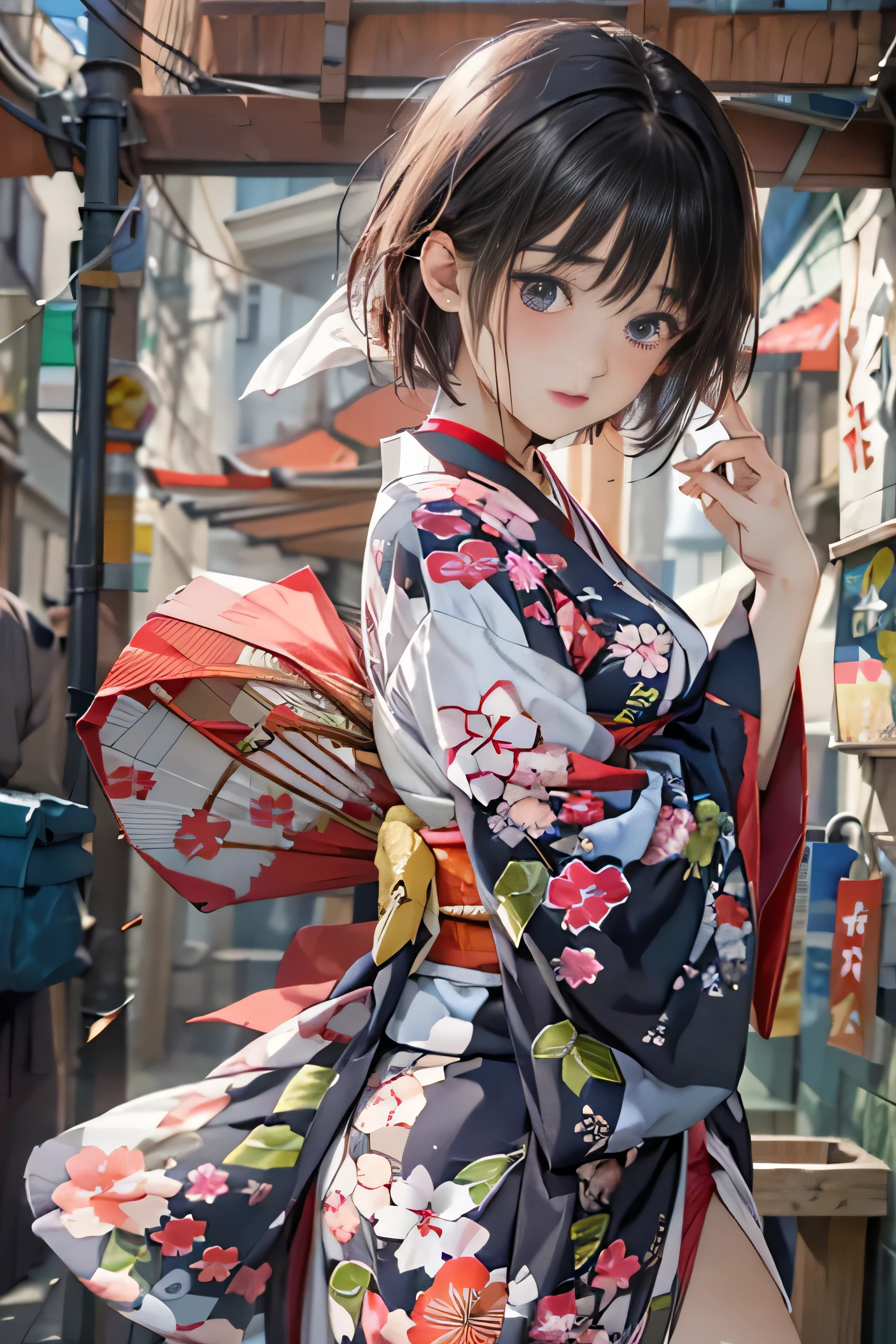 (top-quality,8K picture quality,​masterpiece:1.3,hight resolution,masutepiece:1.2), Front view:0.8,full body Esbian:1.2, 23-year-old woman, Looking at the camera,(Japanese dress, Kimono:1.4,Komono:1.2, a choker:1.4),(Shorthair:1.2,well-groomed black hair), (Back alley:1.3), Kimono comes off,thigh visible,I can see panties,Beautiful face,Cinematic,(Young gravure idols, Young skinny gravure idol, sophisticated gravure idol),(detailed flawless face),normal hands:1.5,Normal finger:1:5,Normal legs:1.5