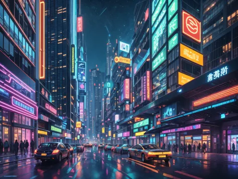 In this futuristic image of a city at night，We were taken into a city full of technology and innovation。Tall skyscrapers glow with neon lights in the night sky，Forming a series of colorful lines。The facades of these buildings are covered with reflective ma...