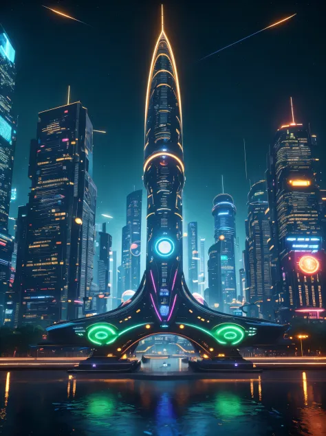 in this futuristic image of a city at night，we were taken into a city full of technology and innovation。tall skyscrapers glow wi...