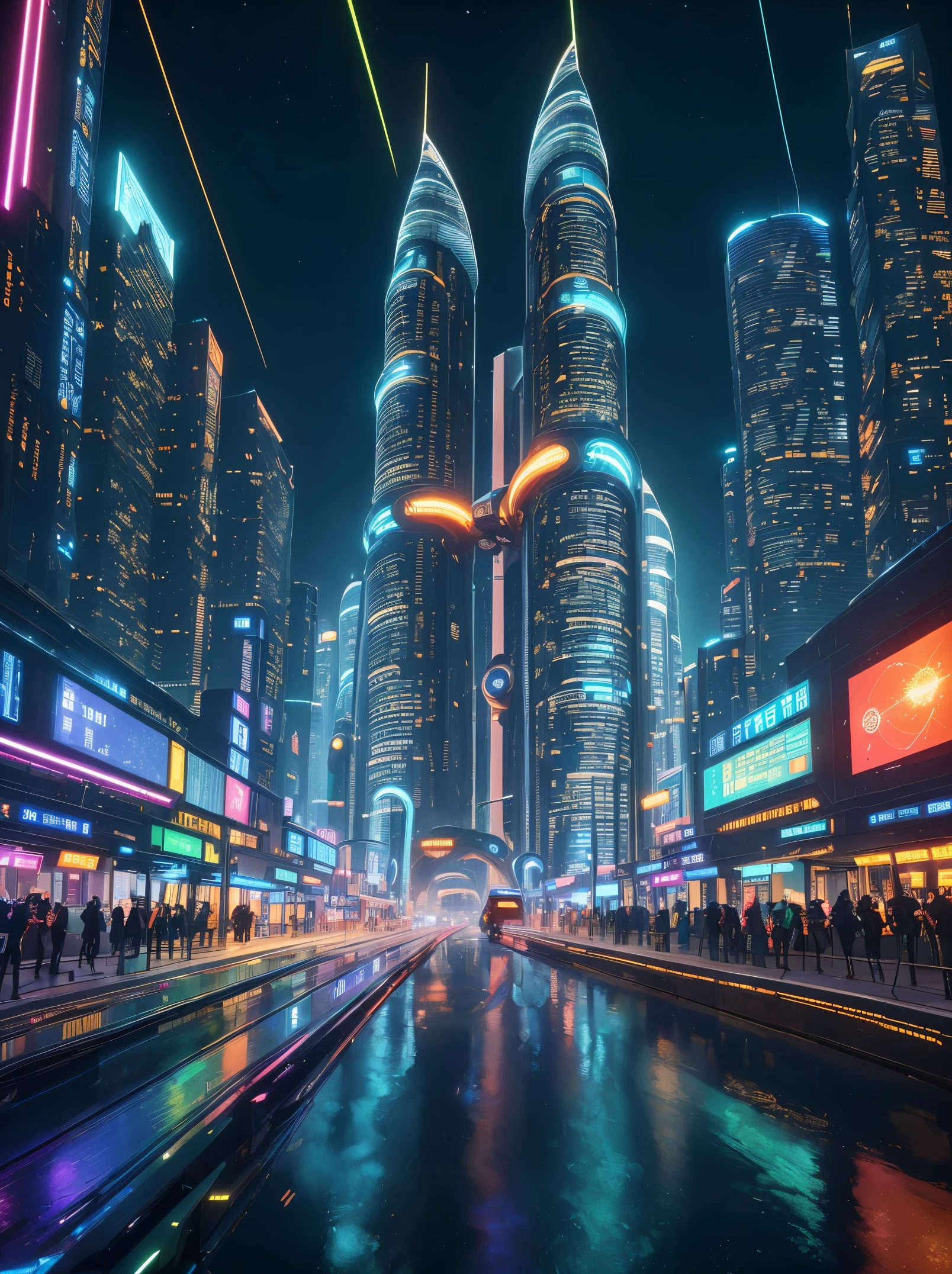 In this futuristic image of a city at night，We were taken into a city full of technology and innovation。Tall skyscrapers glow with neon lights in the night sky，Forming a series of colorful lines。The facades of these buildings are covered with reflective materials，Reflects surrounding lights，Create a futuristic atmosphere。 On the streets of the city，Driverless cars and aircraft fly by，They leave colorful trails in the night sky。These vehicles are made of smooth metal and transparent materials，It gives a sense of technology and the future。People wear fashionable clothing，Wearing smart glasses and bracelet，Integrate with technology。 The center of the city is a huge，There is a huge water screen projection on，Displays a variety of gorgeous images and animations。People surround the water curtain projection，Admire the art works and technology displayorming a unique interactive experience。surrounded by a green belt，Planting plants of the future，These plants emit faint fluorescence，Adding a touch of vitality and natural flavor to the city。 In the distance of the picture，We can see a huge spaceport，The spaceship is taking off，Carrying people to unknown areas of the universe。The spaceport’s architectural design is unique，Full of curves and streamlined elements，It gives a sense of futuristic technology。 The whole picture is full of a sense of technology and the future，Showing a future city full of innovation and imagination。This painting is rich in detail，vibrant with colorull of imagination and creativity，It makes people feel like they are in a future world full of technological wonders， (Cyberpunk night view， ultra - detailed， intricately details， deep colour， 8k解像度， realisticlying， tmasterpiece， cinmatic lighting， bokeh， Unreal Engine 5， rendering by octane， movie smoothing)