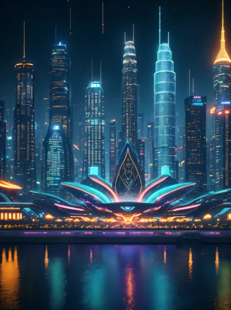 in this futuristic image of a city at night，we were taken into a city full of technology and innovation。tall skyscrapers glow wi...