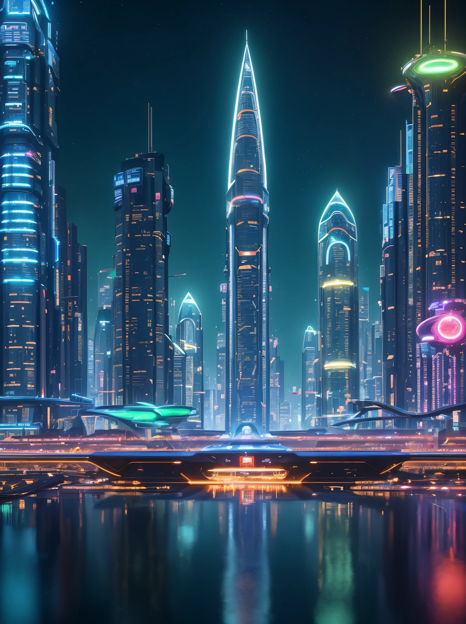 In this futuristic image of a city at night，We were taken into a city full of technology and innovation。Tall skyscrapers glow with neon lights in the night sky，Forming a series of colorful lines。The facades of these buildings are covered with reflective materials，Reflects surrounding lights，Create a futuristic atmosphere。 On the streets of the city，Driverless cars and aircraft fly by，They leave colorful trails in the night sky。These vehicles are made of smooth metal and transparent materials，It gives a sense of technology and the future。People wear fashionable clothing，Wearing smart glasses and bracelet，Integrate with technology。 The center of the city is a huge，There is a huge water screen projection on，Displays a variety of gorgeous images and animations。People surround the water curtain projection，Admire the art works and technology displayorming a unique interactive experience。surrounded by a green belt，Planting plants of the future，These plants emit faint fluorescence，Adding a touch of vitality and natural flavor to the city。 In the distance of the picture，We can see a huge spaceport，The spaceship is taking off，Carrying people to unknown areas of the universe。The spaceport’s architectural design is unique，Full of curves and streamlined elements，It gives a sense of futuristic technology。 The whole picture is full of a sense of technology and the future，Showing a future city full of innovation and imagination。This painting is rich in detail，vibrant with colorull of imagination and creativity，It makes people feel like they are in a future world full of technological wonders， (Cyberpunk night view， ultra - detailed， intricately details， deep colour， 8k解像度， realisticlying， tmasterpiece， cinmatic lighting， bokeh， Unreal Engine 5， rendering by octane， movie smoothing)