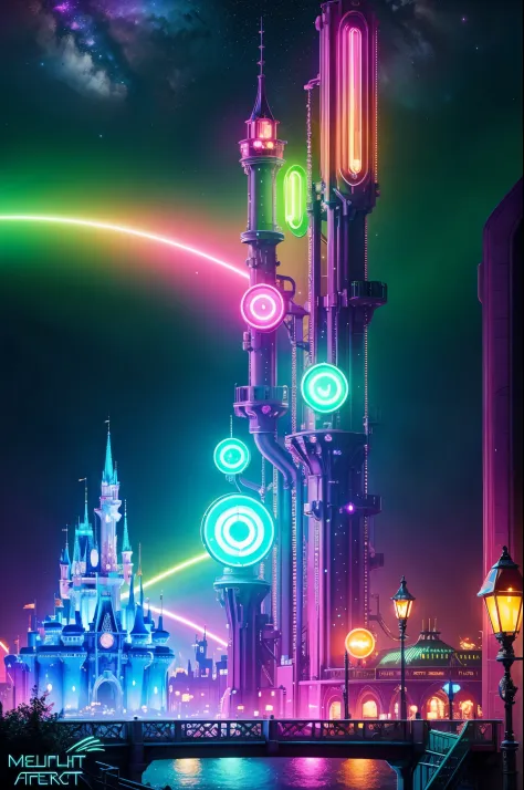 (fluorescent color)1.4, (semi transparent)1.4,(retro filters)1.4, (fanciful)1.4, cyberpunk night view，disney land，metalictexture...