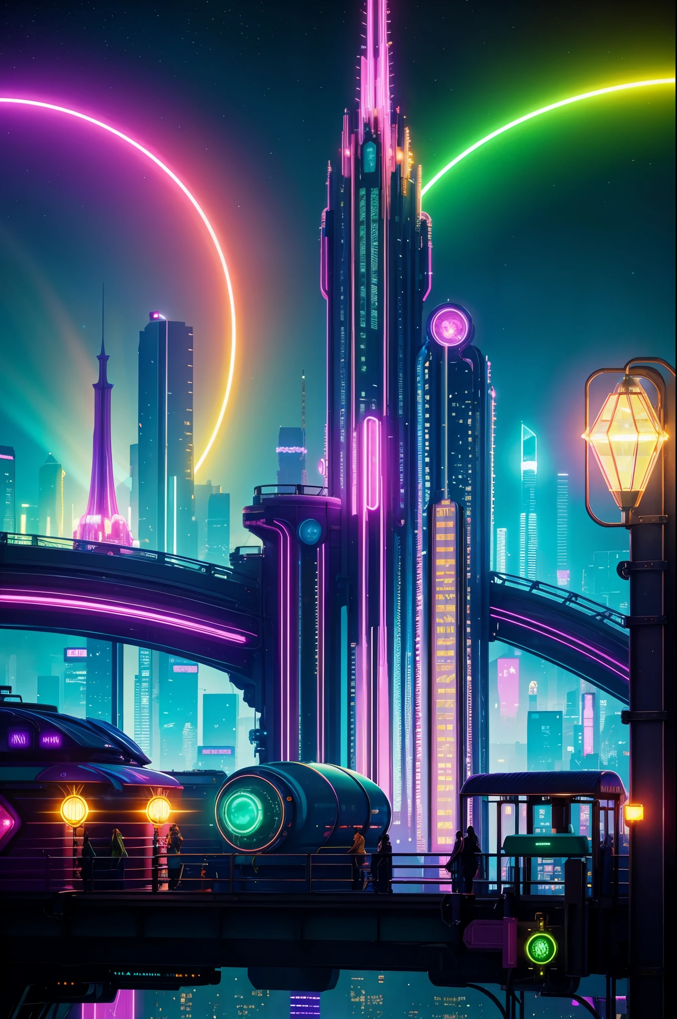 (Fluorescent color)1.4, (semi transparent)1.4,(retro filters)1.4, (fanciful)1.4, Cyberpunk night view，disney land，metalictexture，city night landscape，Mechanical Forest，soft pink sky，green blue flash，Elegant light, soft and whimsical light，Rainbow stars，diamond，Sparkling gemstone background，hyper realisitc，Ultra-quality cinematic lighting，huge detail，full HD painting，well-illuminated