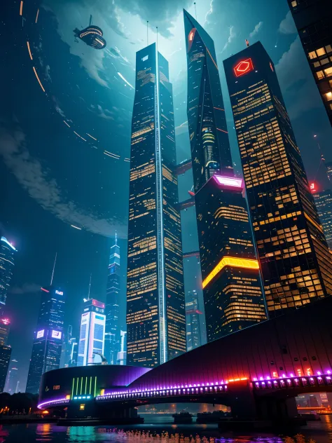 in this futuristic image of a city at night，we were taken into a city full of technology and innovation。tall skyscrapers glow wi...