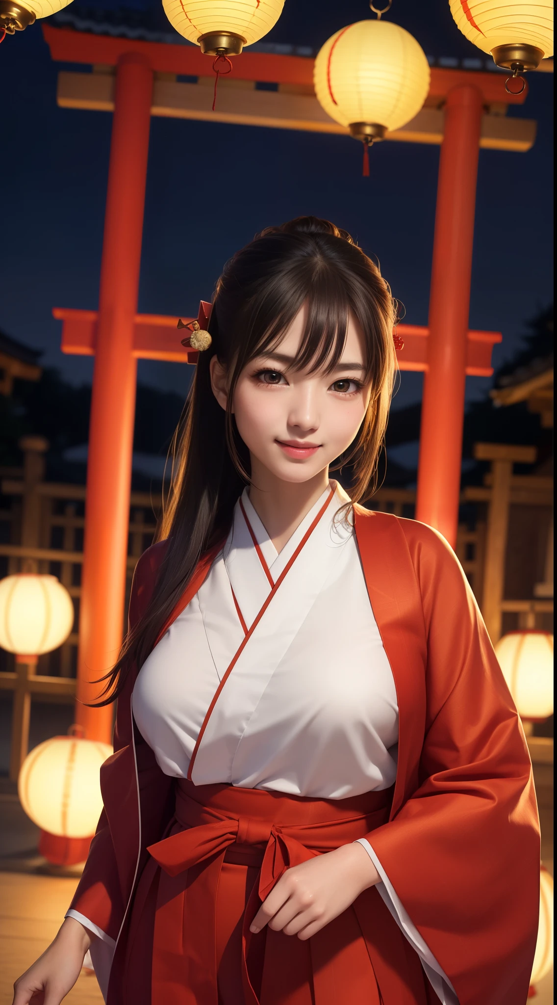 1girl,miko (shrine maiden outfit, long scarlet hakama, many head accessories:1.5) (cute, tareme, smile, bare face, big eyes:1.4) straight hear, black hair, long hair, ponytail, cowboy shot, smile, big breasts, looking forward (in shrine, in night, japanese paper lanterns in background:1.4) BREAK japanese, japanese idol, black eyes, (best quality, ultra high res, Realistic, RAW photo, real person, portrait photography, photorealistic, detailed skin, fair skin, beautiful detailed eyes)