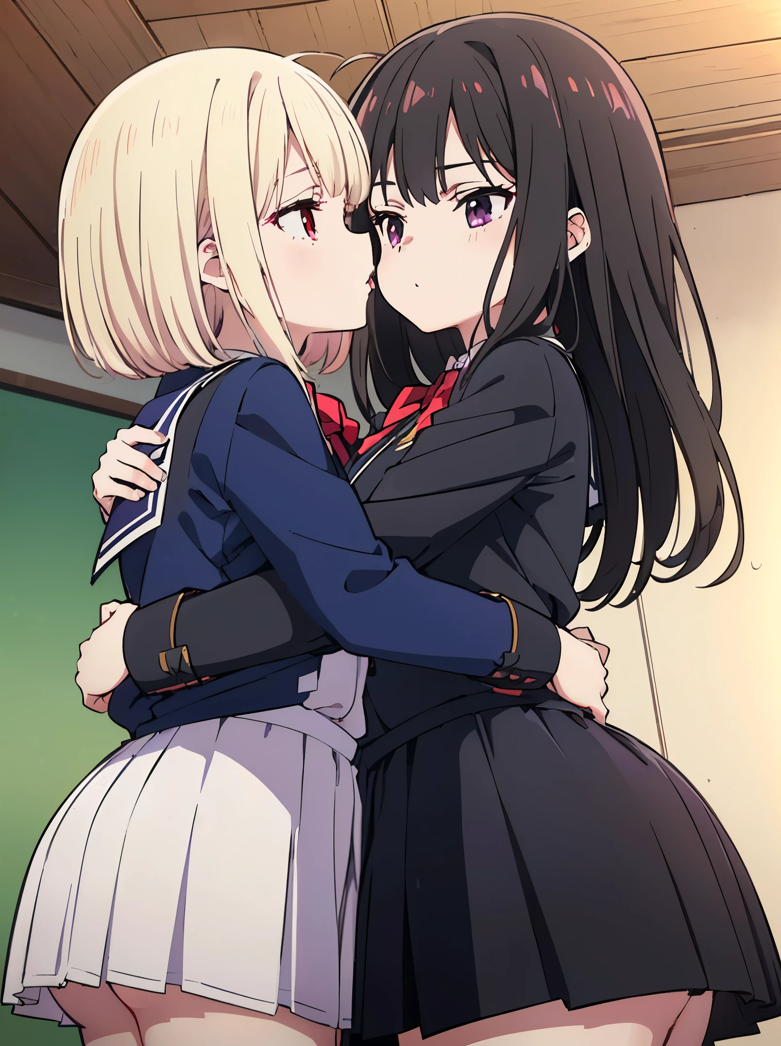 Anime image of two girls hugging each other in a classroom - SeaArt AI