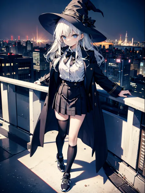 This is the rooftop of the tallest building in Tokyo.、You can look down on the city buildings from here.、It's night now、Woman wearing a large black witch hat with sapphire accessories、wearing a long black coat、she is wearing a blazer uniform、she is wearing...